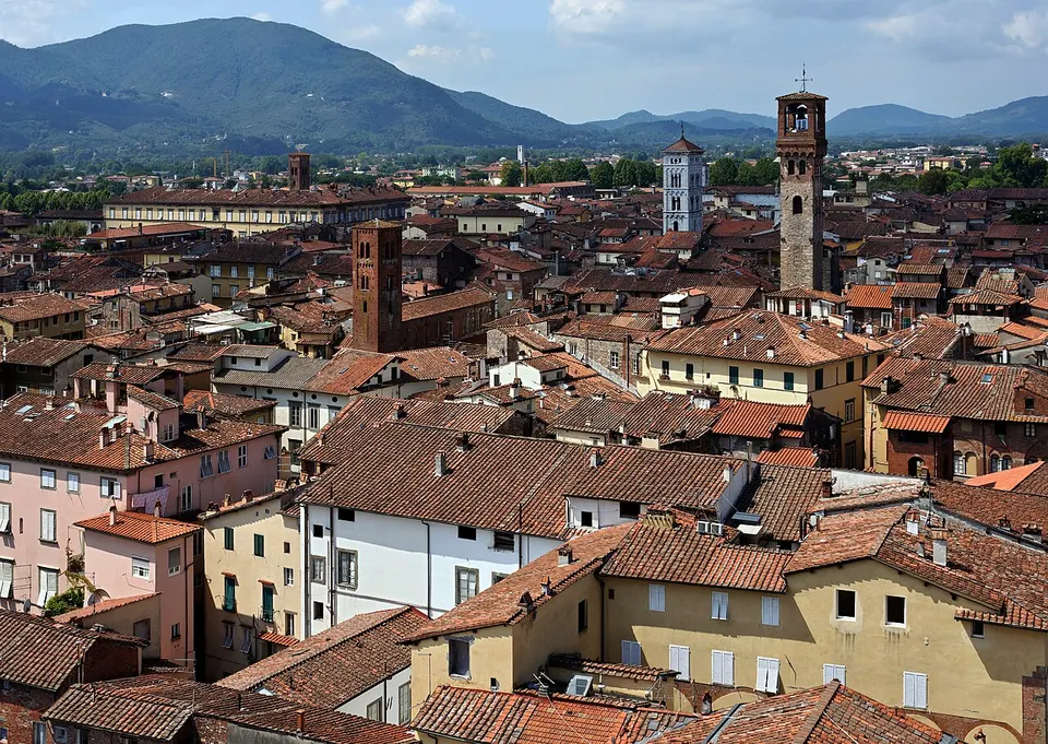 Lucca: Lucca, Tuscany, Italy, seen from the Torre Guinigi. On this view, one can see in particular the church of San San Giusto, the campanile of S