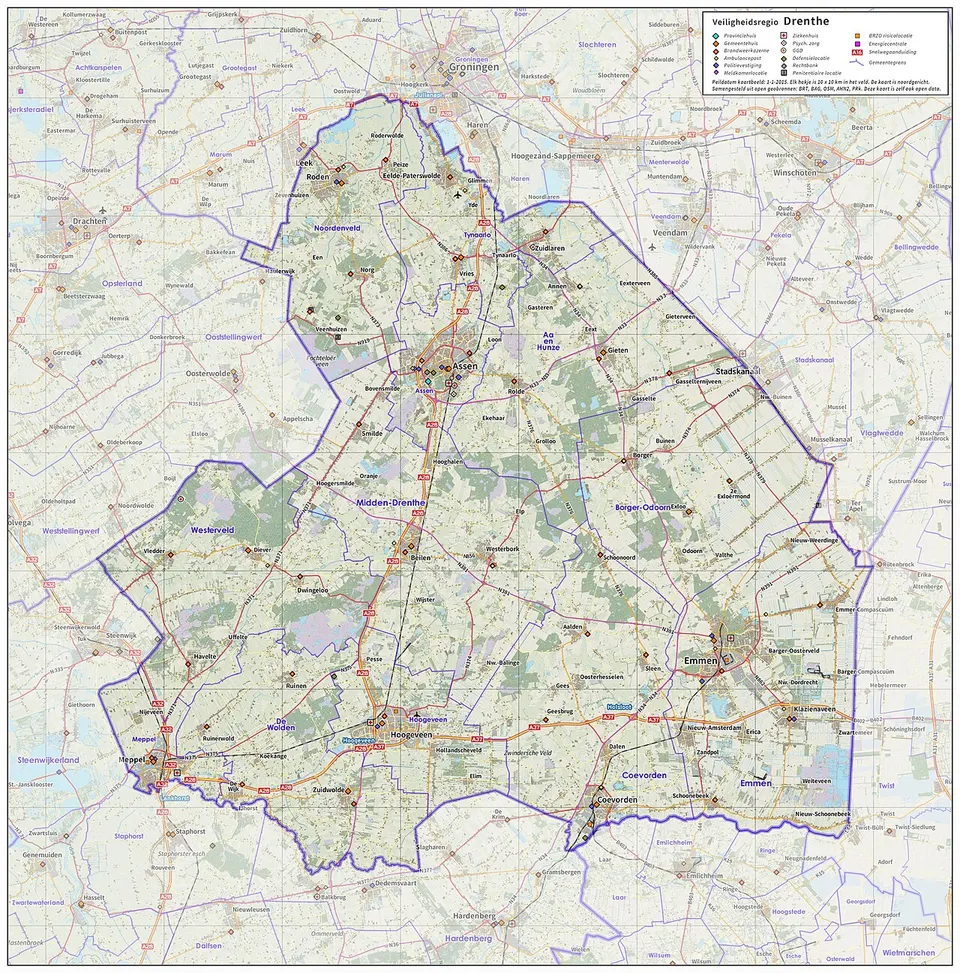 Drenthe: Overview map incuding terrain, transportation infrastructure, places and administrative boundaries. Map compiled using the Dutch Base Regist
