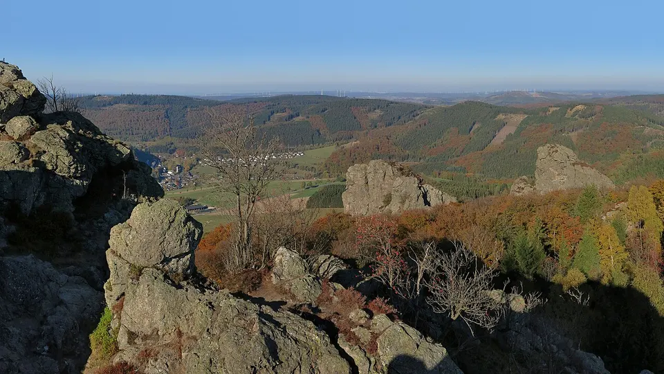 Sauerland: View from the Feldstein, the highest point of the Bruchhauser Steine in the Sauerland northeastward