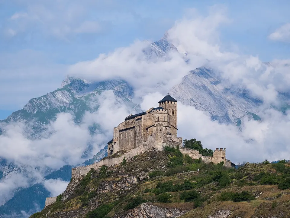 Wallis: Temple-fortress Valery against the background of the Haut de Cry mountain, Canton of Valais, Switzerland.