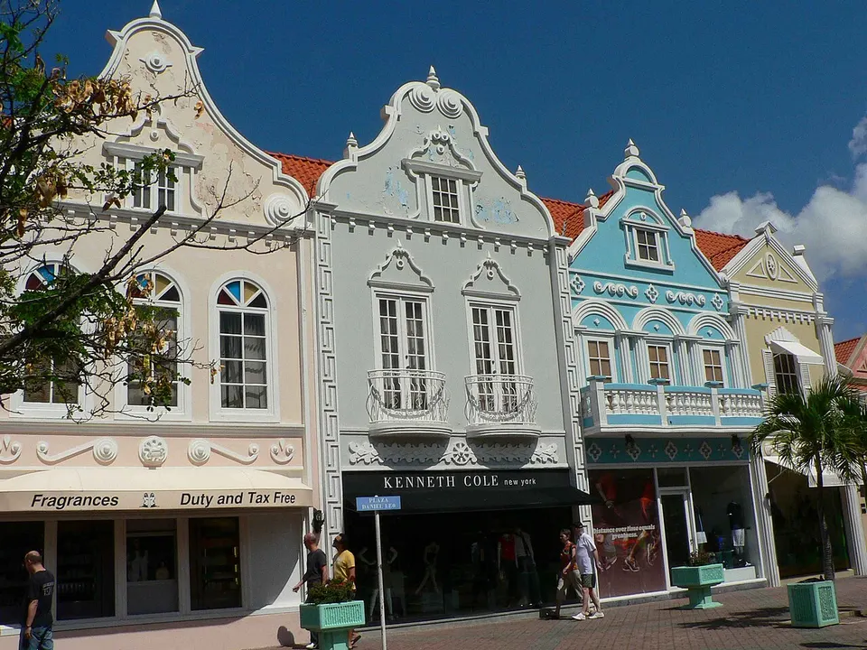 Aruba: A row of townhouses with Dutch gables in downtown Oranjestad, Aruba.
