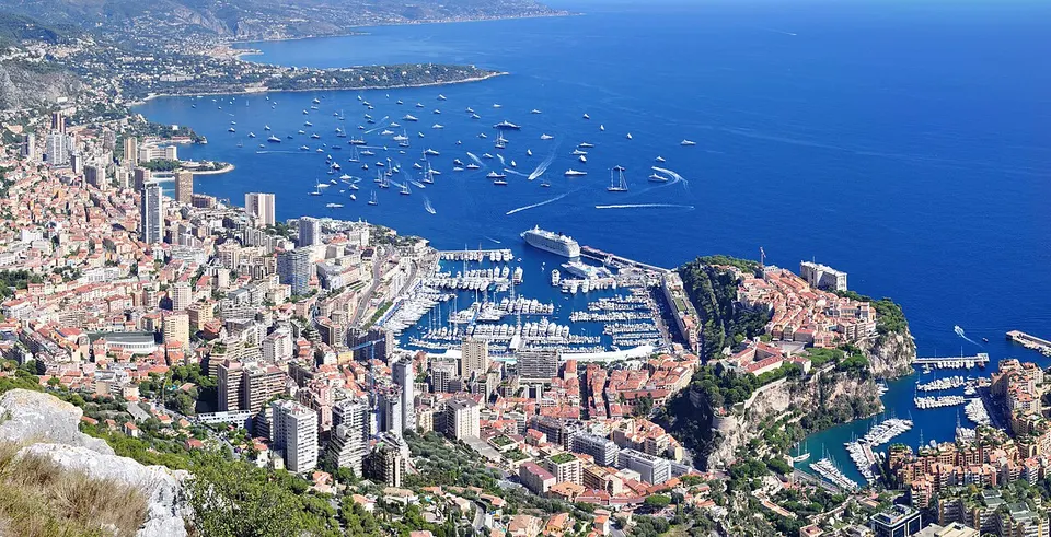 Monaco: panoramic view of Monaco from a viewpoint near the observatory which is situated in the south of the village of "La Turbie