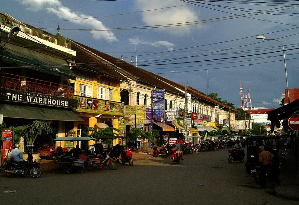 Siem Reap: Street near the old market. French style buildings in the old market area, Siem Reap.