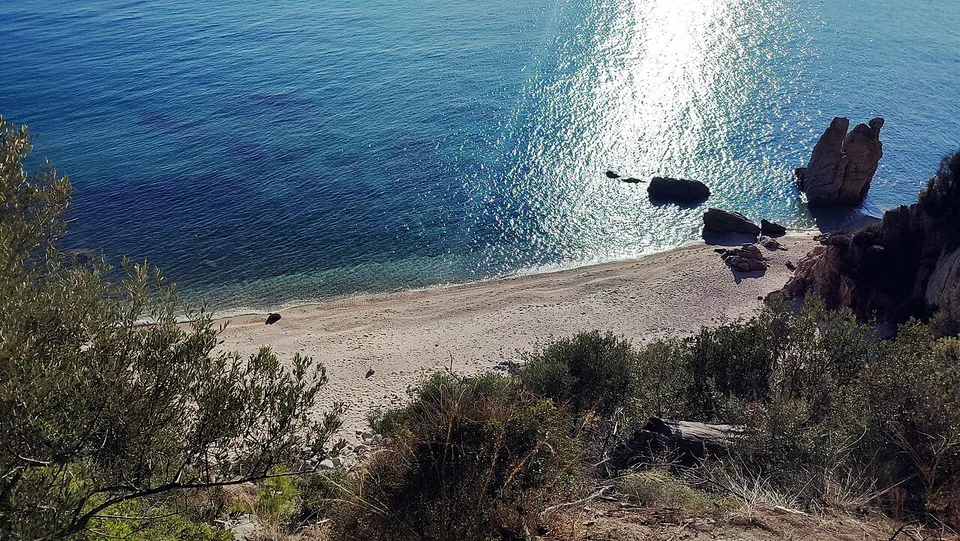 Der Strand Trimi bei Ouranoupoli auf Chalkidiki mit klarem Wasser und bewaldeter Küste